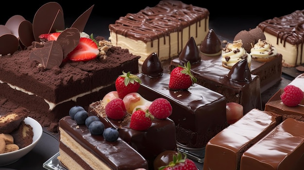 Een weergave van cakes en desserts, waaronder chocolade, fruit en noten.