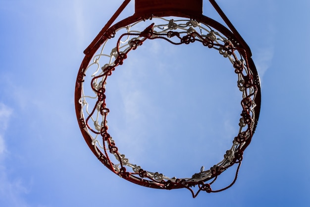 Een weergave van een basketbalring van onderaf