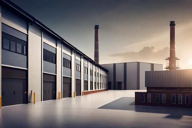 Foto een weergave van een fabriek met een fabriek op de achtergrond.