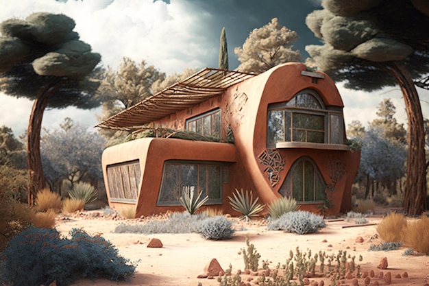 Een weergave van een huis in de woestijn.