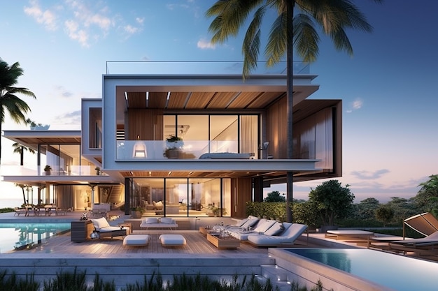 een weergave van een modern huis met een zwembad en lounges generatieve ai