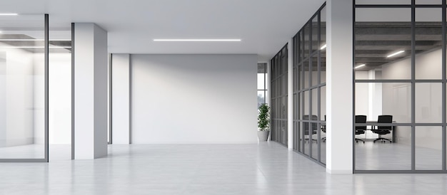 een weergave van een modern kantoor met een glazen wand en een betonnen vloer generatieve ai