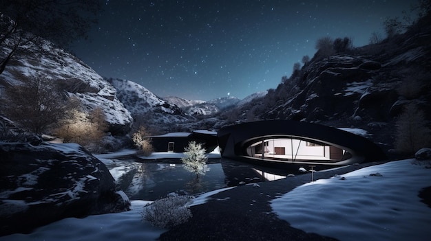 Een weergave van het huis 's nachts met sneeuw op de grond en bergen op de achtergrond.