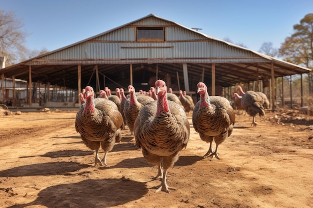 Een weergave van kalkoenen in een landelijke omgeving met een schuur en een buitenhok, waarin de biologische en natuurgerichte benadering van de landbouw op het platteland wordt benadrukt