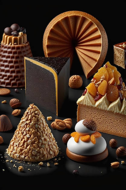 Een weergave van verschillende cakes en noten, waaronder een cake.