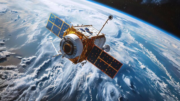 Een weersatelliet in een baan om de aarde in een illustratie De satelliet is wit en goud met uitgestrekte zonnepanelen