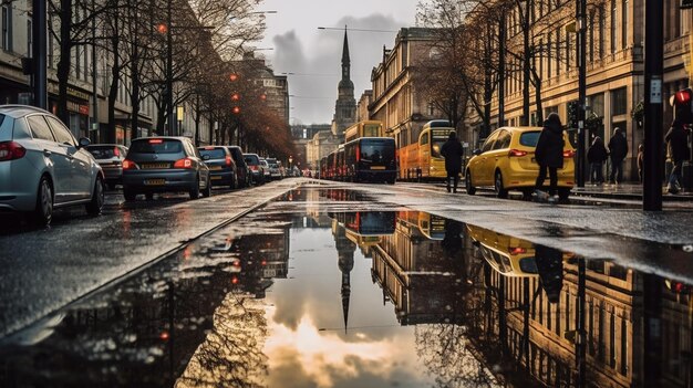 een weerspiegeling van een man in een gele taxi op een natte straat.