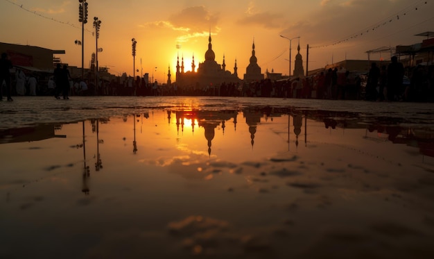 Een weerspiegeling van een moskee in een plas met daarachter de ondergaande zon.