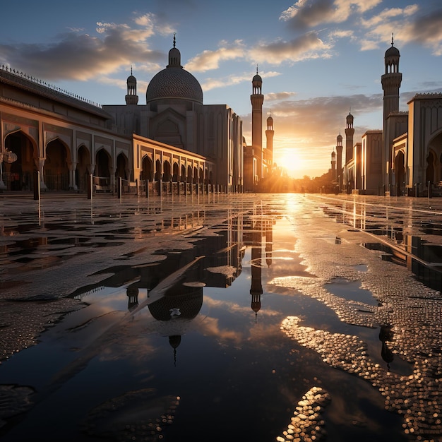 een weerspiegeling van een moskee in een plas water
