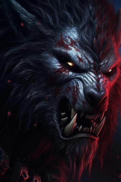 Een weerwolf met bloed op zijn gezicht