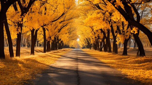 een weg bekleed met bomen gele bladeren in het herfstseizoen