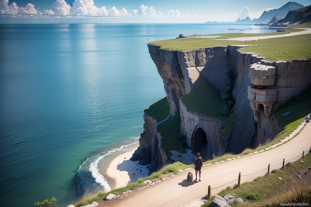 Een weg die leidt naar de zee met een klif op de achtergrond