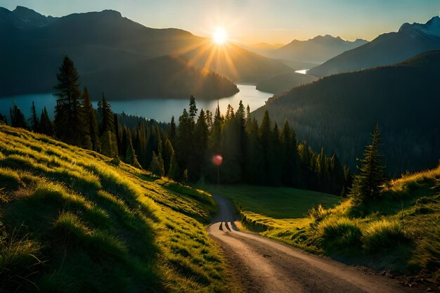 Een weg die leidt naar een meer bij zonsondergang