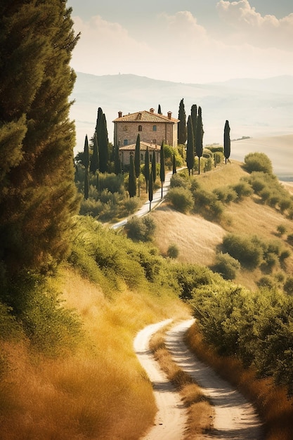 Een weg die leidt naar een Toscaans heuvelhuis