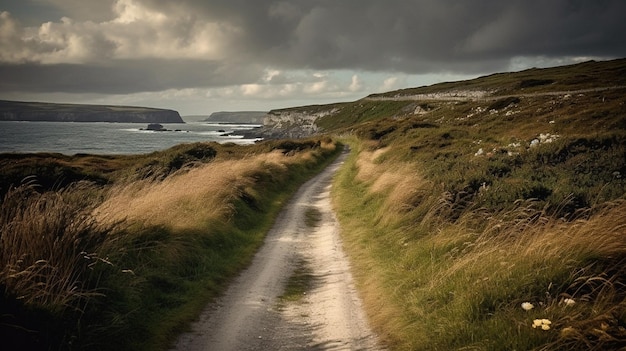 Foto een weg die naar de zee leidt