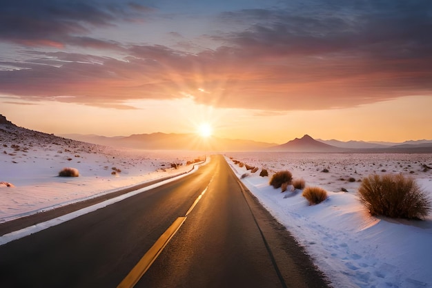 Een weg door een besneeuwd landschap met een zonsondergang op de achtergrond