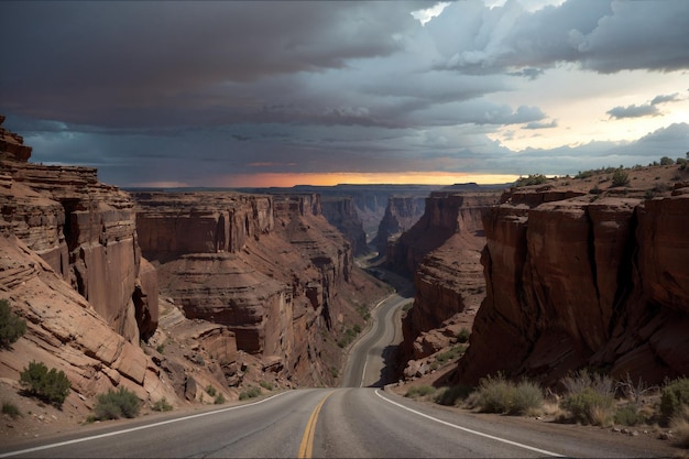 Foto een weg in de canyons met een bewolkte hemel