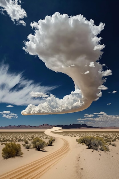Een weg in de woestijn met een bewolkte lucht