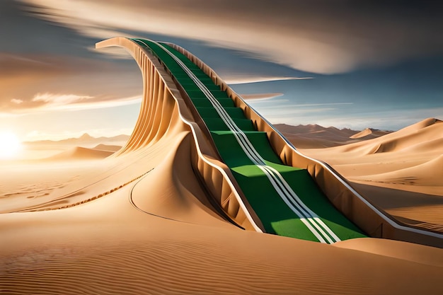 Een weg in de woestijn met een groene strook gras.