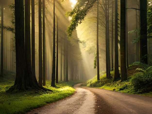 Een weg in een bos met de zon die door de bomen schijnt