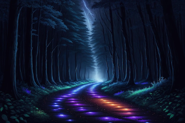 Een weg in het bos met lichten aan