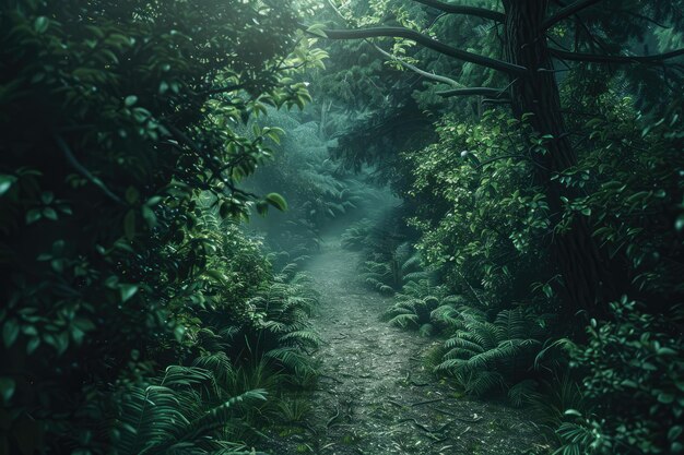 Een weg in het diepe bos.