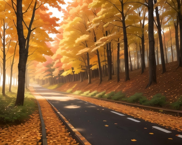 Een weg in het herfstbos met een weg die gevallen bladeren heeft.
