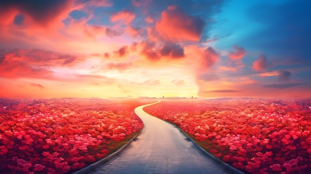 Een weg met bloementuin rode roos en heldere lucht