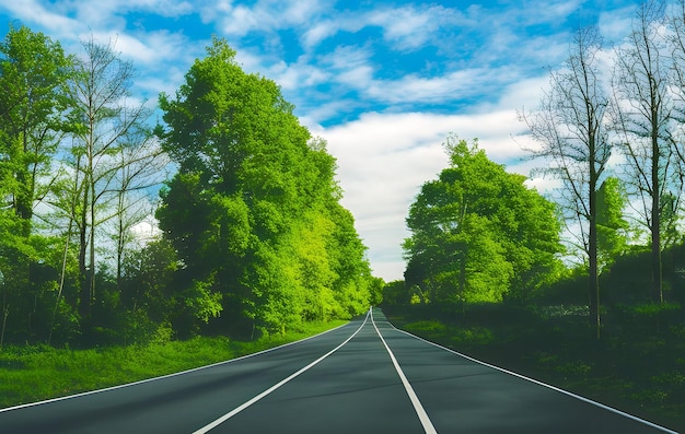 Een weg met bomen aan de kant en een blauwe lucht met wolken