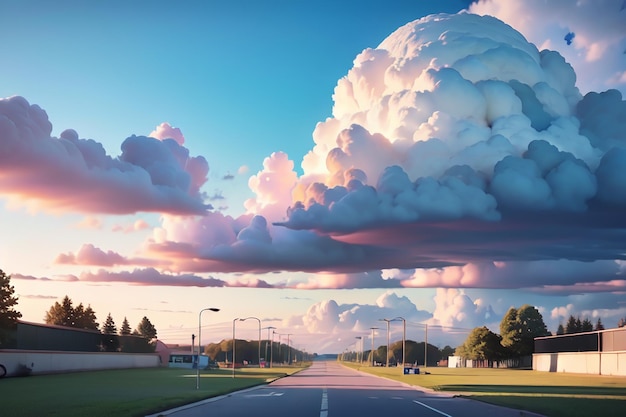 Een weg met een bewolkte lucht en een weg met een weg en een weg met een bord met de tekst 'wolk'