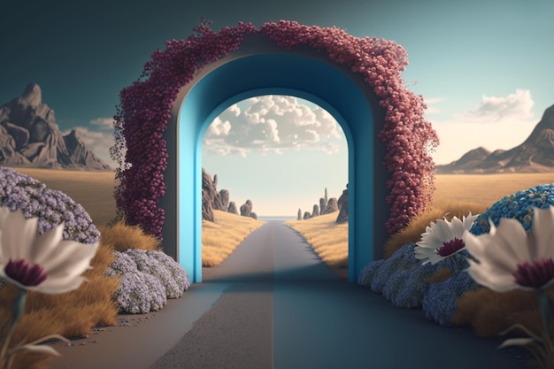 Een weg met een tunnel met bloemen erop