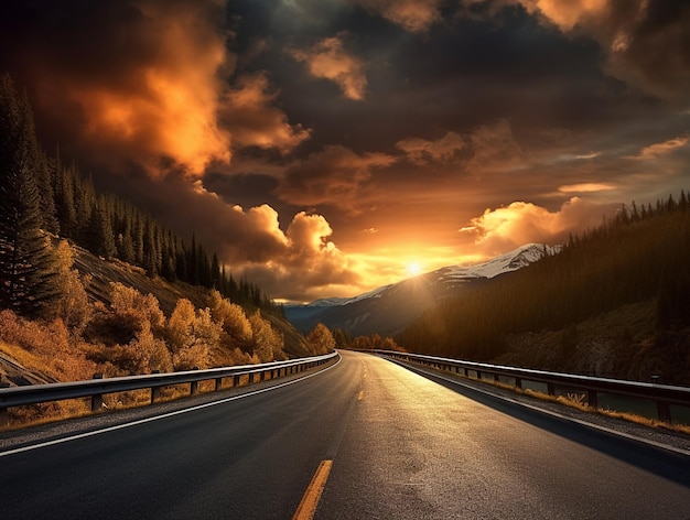 Een weg met een zonsondergang op de achtergrond