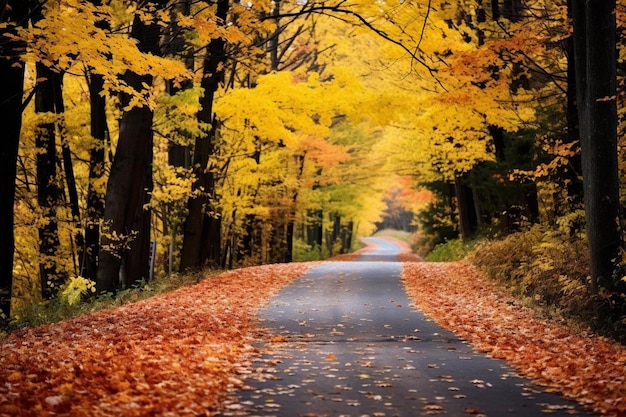 Een weg met herfstbladeren erop