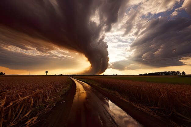 Foto een weg onder een donkere wolk met een twister