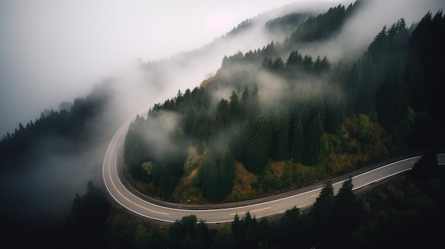 Een weg tussen bergen en rivieren die AI heeft gegenereerd