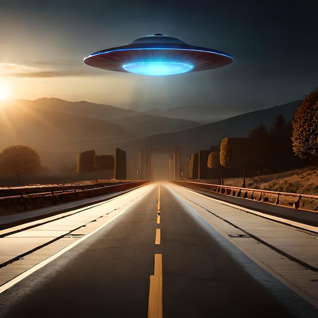 Een weg waar een ufo overheen vliegt en bergen op de achtergrond.