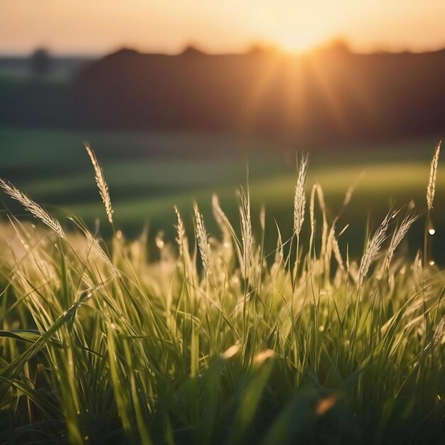 Een weide met de zonsondergang achter zich