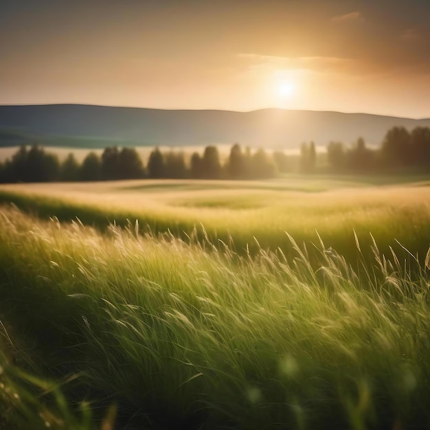 Een weide met de zonsondergang achter zich