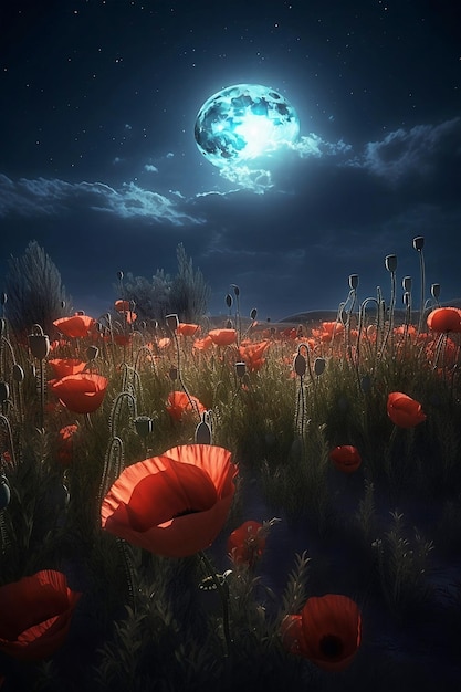 Foto een weide met rode papaver bij volle maan.