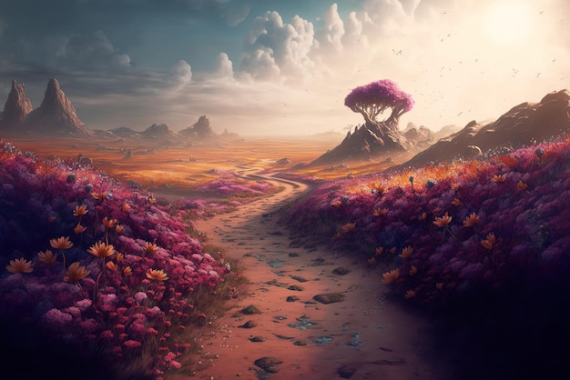Een weidepad door een bloeiend veld met prachtig zonsondergangfantasielandschap