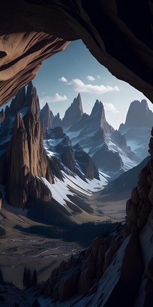 Een weids panorama van de majestueuze Dolomieten, gezien vanuit de diepten van een door mensen gemaakte grot