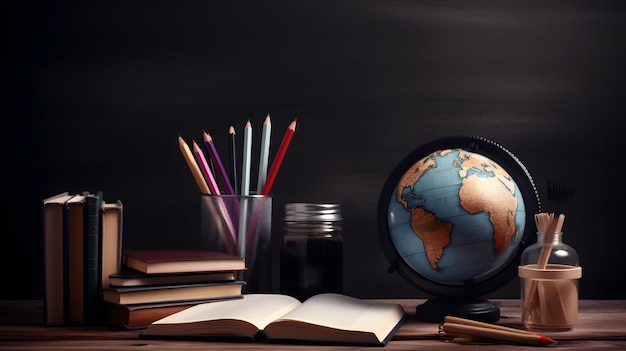Een wereldbol en een glas met een potlood erop staan op een bureau met een boek en een potlood erop.