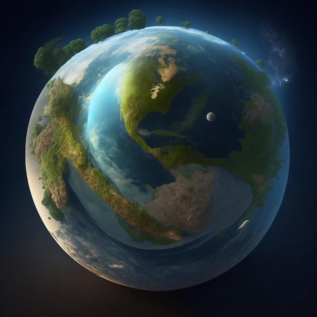 Een wereldbol met de planeet aarde in het midden en de oceaan in het midden.