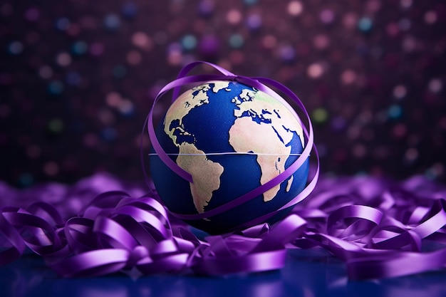 een wereldbol omgeven door paars lint op paarse wazige achtergrond
