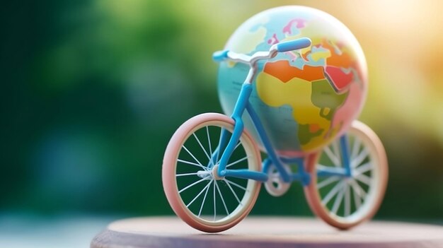 Een wereldbol op een fiets op een standaard met wereld erop