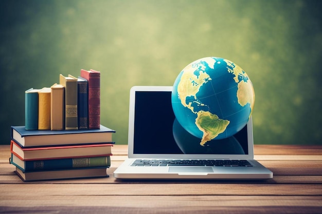 Een wereldbol op een tafel met boeken en een laptop.