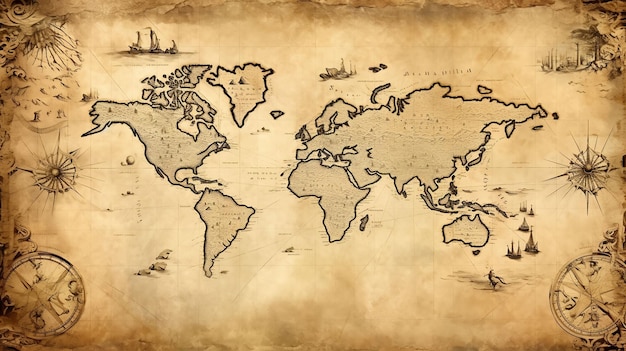 een wereldkaart met een schip erop