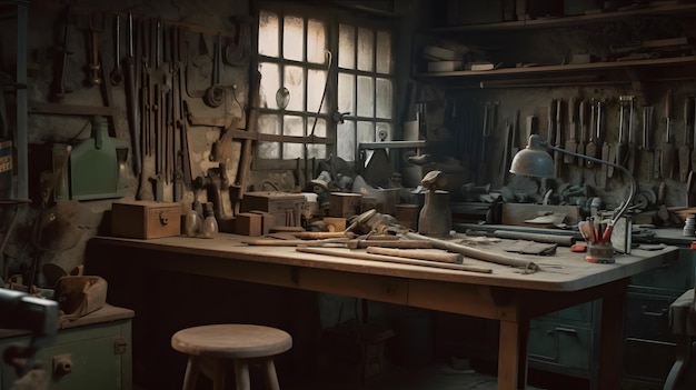 Een werkbank met een houten tafel en krukken in een werkplaats met daarachter een groot raam.