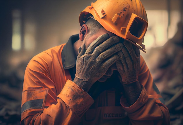 Een werkende ingenieur in een beschermend uniform zit treurig en bedekt zijn gezicht met zijn handen Het concept van vakbonden en werkgelegenheid Illustratie van hoge kwaliteit