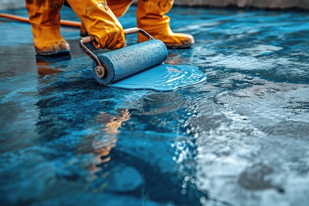 Een werknemer brengt een glanzende epoxycoating aan op een betonnen vloer met een rol die een gladde en duurzame afwerking biedt in een goed verlichte industriële omgeving